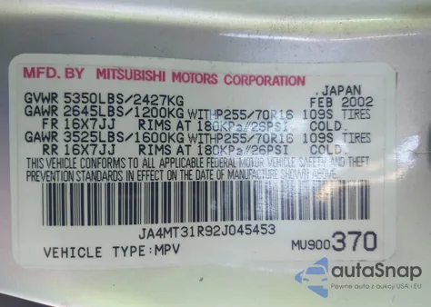 2002 Mitsubishi Montero Sport Xls from USA, damaged, VIN JA4MT31R92J045453